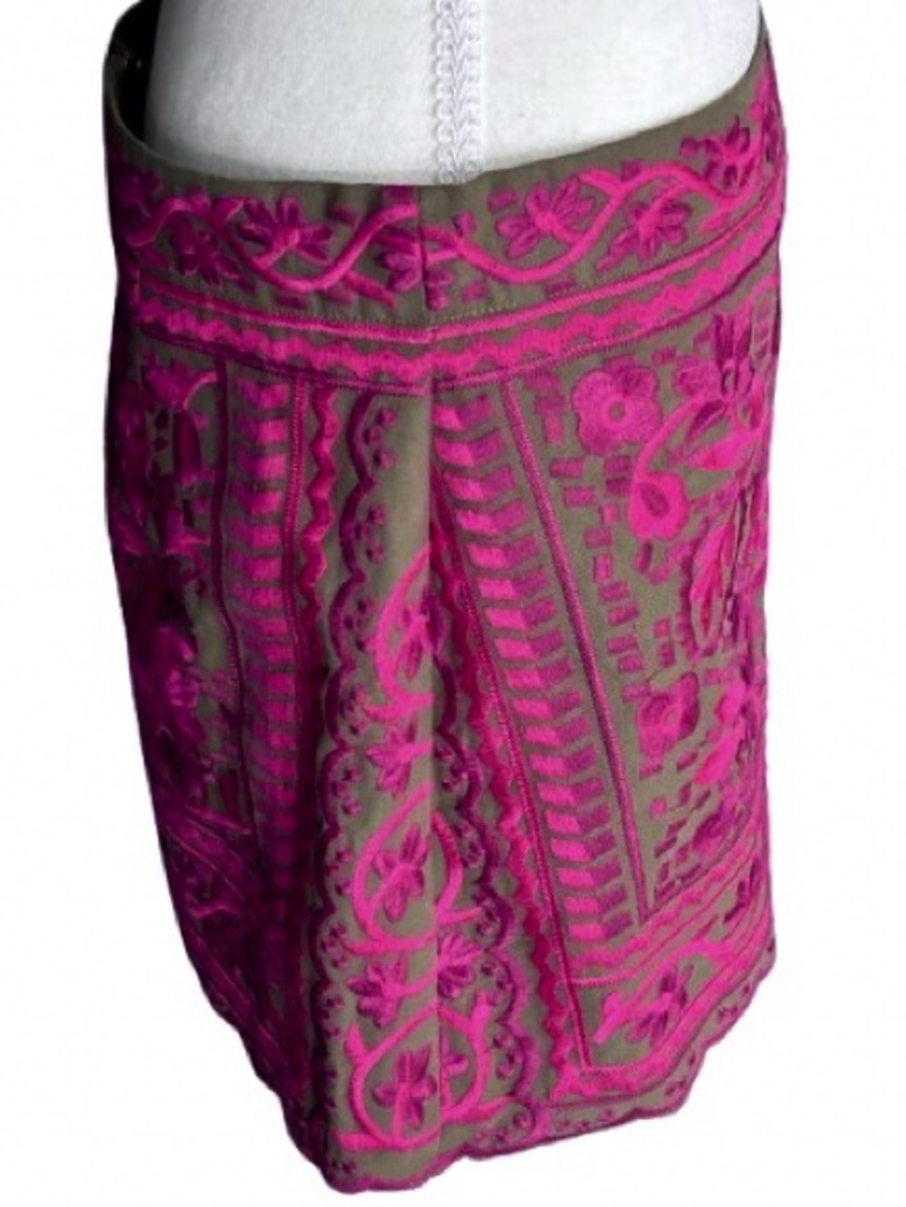 NWT J. MARIE Embroidered Floral Skirt Olive Green Fuchsia Boho Designer Cotton - Picture 9 of 16
